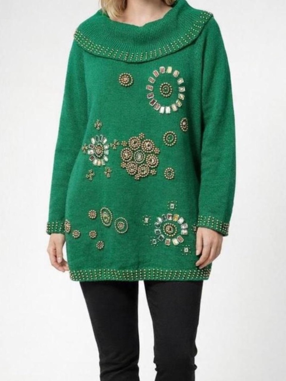 Vintage 80's Gold Beaded Green Oversized Sweater Size 2X